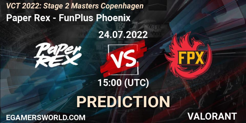 Paper Rex vs FunPlus Phoenix: Match Prediction. 24.07.2022 at 15:15, VALORANT, VCT 2022: Stage 2 Masters Copenhagen