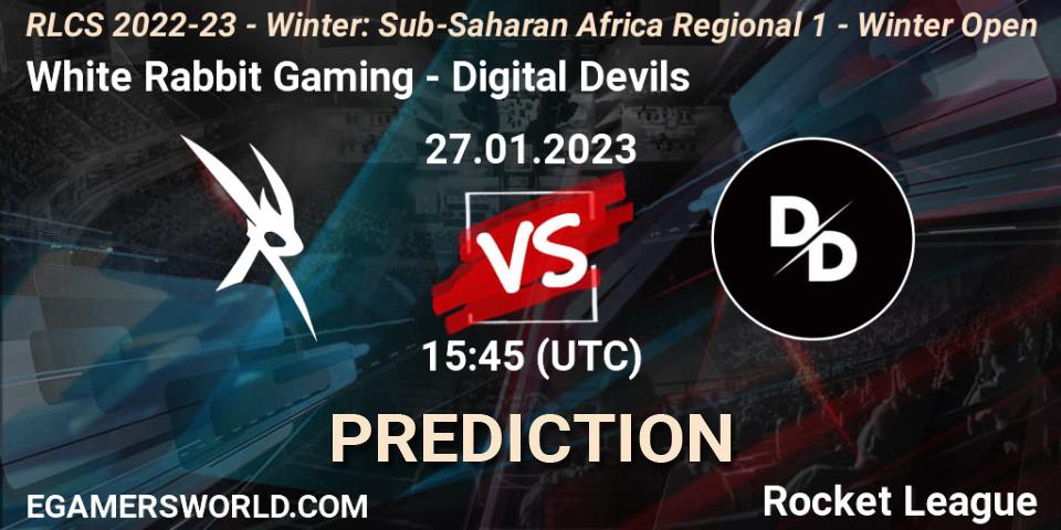White Rabbit Gaming vs Digital Devils: Match Prediction. 27.01.2023 at 15:45, Rocket League, RLCS 2022-23 - Winter: Sub-Saharan Africa Regional 1 - Winter Open