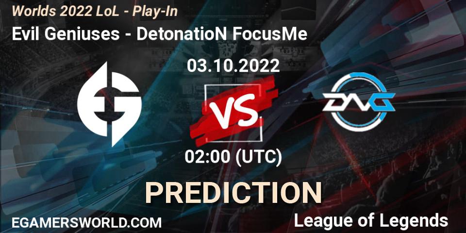 Evil Geniuses vs DetonatioN FocusMe: Match Prediction. 03.10.2022 at 02:00, LoL, Worlds 2022 LoL - Play-In