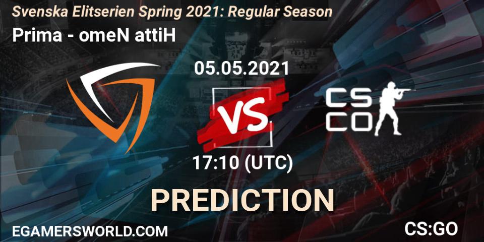 Prima vs omeN attiH: Match Prediction. 06.05.2021 at 17:10, Counter-Strike (CS2), Svenska Elitserien Spring 2021: Regular Season