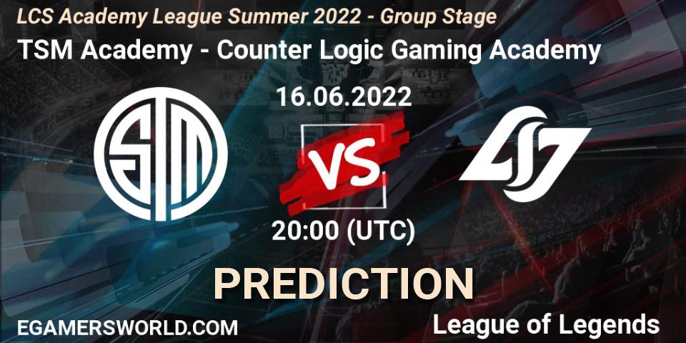 TSM Academy vs Counter Logic Gaming Academy: Match Prediction. 16.06.2022 at 20:00, LoL, LCS Academy League Summer 2022 - Group Stage