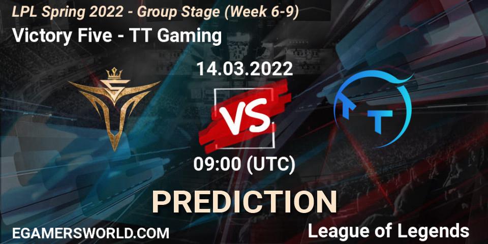Victory Five vs TT Gaming: Match Prediction. 14.03.2022 at 09:00, LoL, LPL Spring 2022 - Group Stage (Week 6-9)