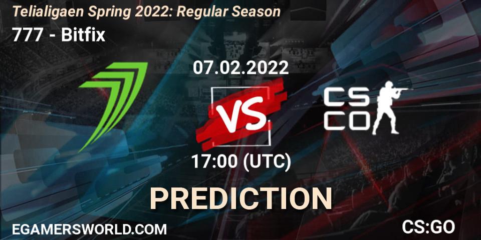 777 vs Bitfix: Match Prediction. 07.02.2022 at 17:00, Counter-Strike (CS2), Telialigaen Spring 2022: Regular Season