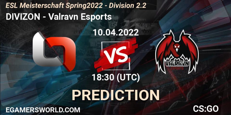 DIVIZON vs Valravn Esports: Match Prediction. 10.04.2022 at 18:30, Counter-Strike (CS2), ESL Meisterschaft Spring 2022 - Division 2.2