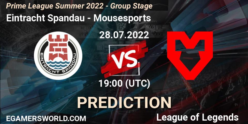 Eintracht Spandau vs Mousesports: Match Prediction. 28.07.22, LoL, Prime League Summer 2022 - Group Stage