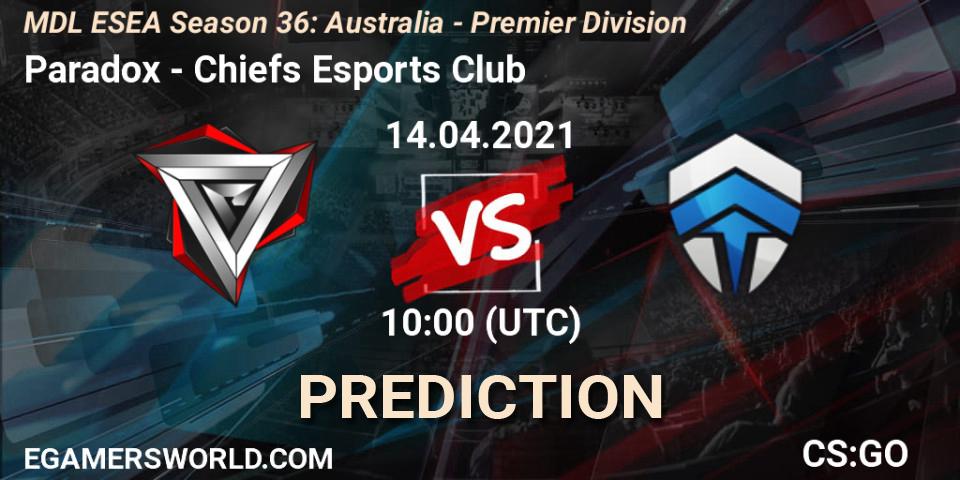 Paradox vs Chiefs Esports Club: Match Prediction. 14.04.2021 at 10:00, Counter-Strike (CS2), MDL ESEA Season 36: Australia - Premier Division