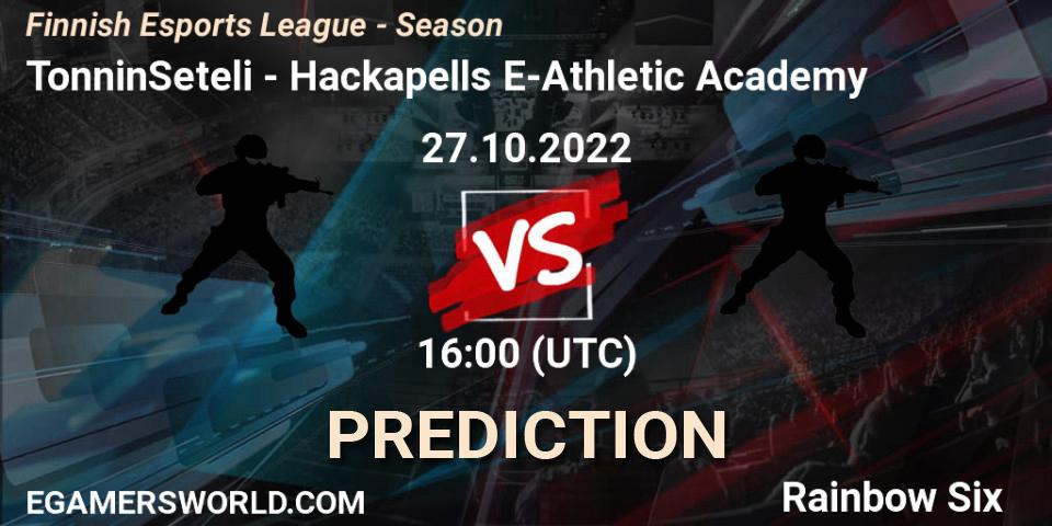 TonninSeteli vs Hackapells E-Athletic Academy: Match Prediction. 27.10.2022 at 16:00, Rainbow Six, Finnish Esports League - Season 