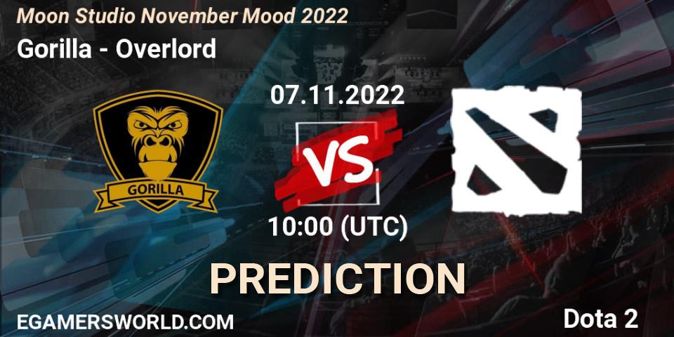 Gorilla vs Overlord: Match Prediction. 07.11.2022 at 09:56, Dota 2, Moon Studio November Mood 2022