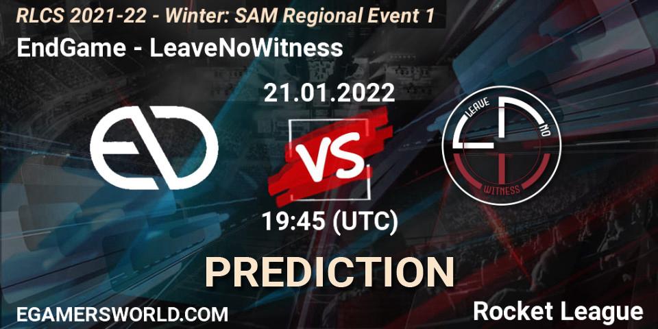 EndGame vs LeaveNoWitness: Match Prediction. 21.01.2022 at 19:45, Rocket League, RLCS 2021-22 - Winter: SAM Regional Event 1