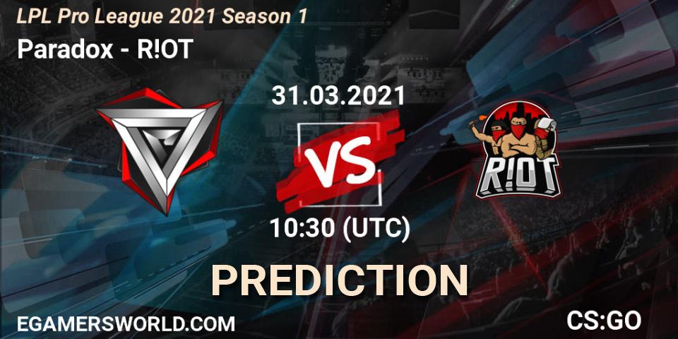 Paradox vs R!OT: Match Prediction. 31.03.2021 at 11:45, Counter-Strike (CS2), LPL Pro League 2021 Season 1