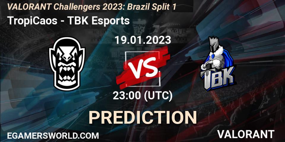 TropiCaos vs TBK Esports: Match Prediction. 19.01.2023 at 23:30, VALORANT, VALORANT Challengers 2023: Brazil Split 1