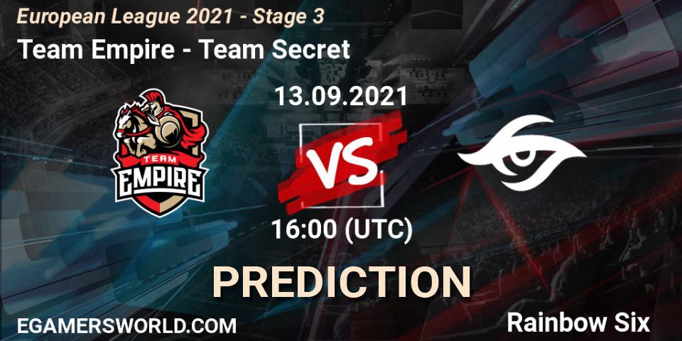 Team Empire vs Team Secret: Match Prediction. 13.09.2021 at 16:00, Rainbow Six, European League 2021 - Stage 3