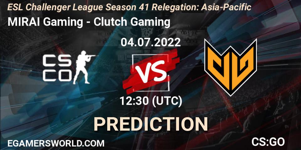 MIRAI Gaming vs Clutch Gaming: Match Prediction. 04.07.22, CS2 (CS:GO), ESL Challenger League Season 41 Relegation: Asia-Pacific