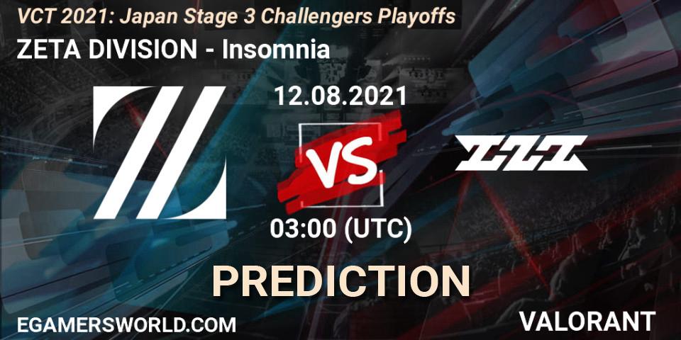 ZETA DIVISION vs Insomnia: Match Prediction. 12.08.2021 at 03:30, VALORANT, VCT 2021: Japan Stage 3 Challengers Playoffs