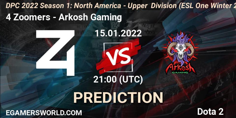 4 Zoomers vs Arkosh Gaming: Match Prediction. 15.01.2022 at 19:55, Dota 2, DPC 2022 Season 1: North America - Upper Division (ESL One Winter 2021)