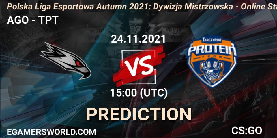 AGO vs TPT: Match Prediction. 24.11.2021 at 15:00, Counter-Strike (CS2), Polska Liga Esportowa Autumn 2021: Dywizja Mistrzowska - Online Stage