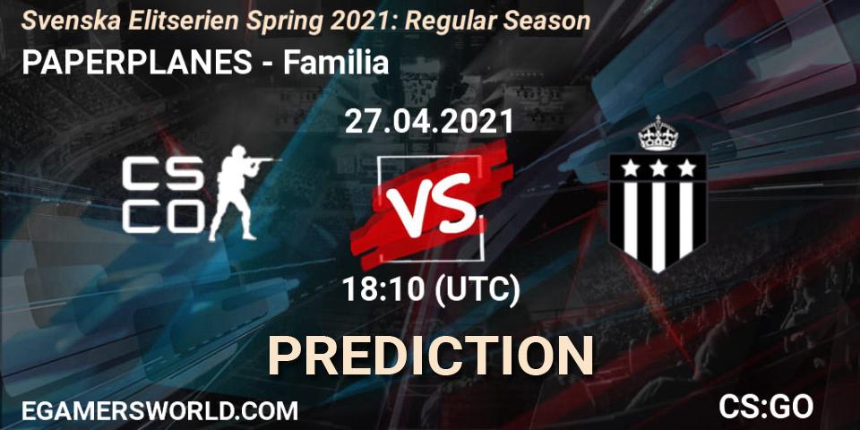 PAPERPLANES vs Familia: Match Prediction. 27.04.2021 at 18:10, Counter-Strike (CS2), Svenska Elitserien Spring 2021: Regular Season