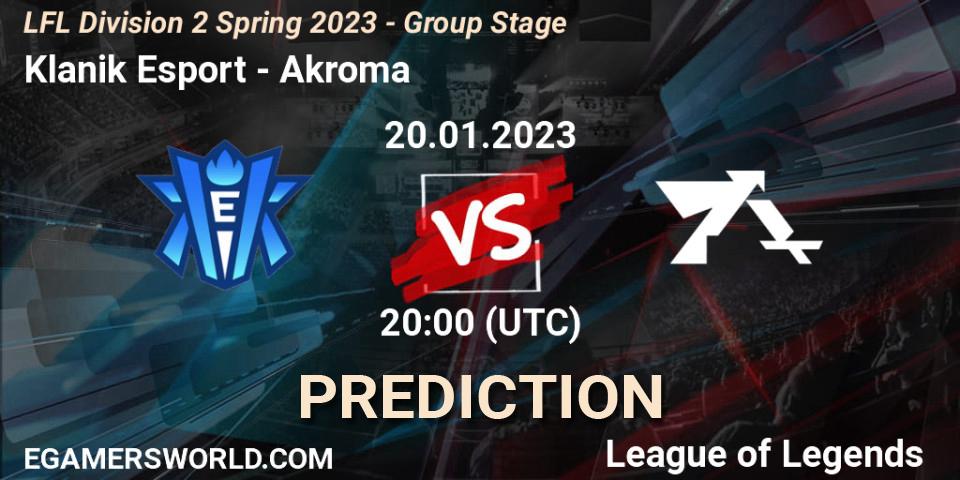 Klanik Esport vs Akroma: Match Prediction. 20.01.2023 at 20:15, LoL, LFL Division 2 Spring 2023 - Group Stage