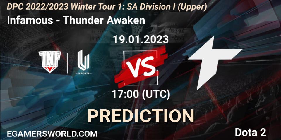 Infamous vs Thunder Awaken: Match Prediction. 19.01.2023 at 17:16, Dota 2, DPC 2022/2023 Winter Tour 1: SA Division I (Upper) 