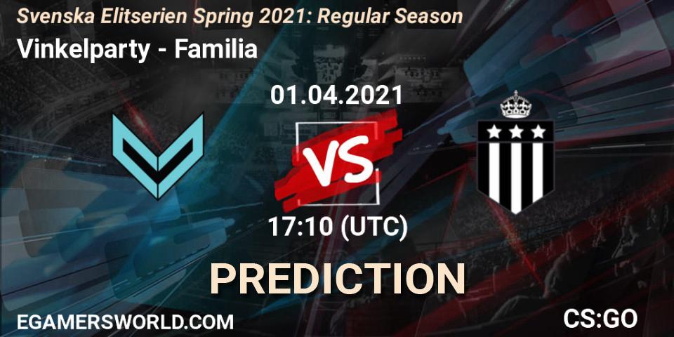 Vinkelparty vs Familia: Match Prediction. 01.04.2021 at 17:10, Counter-Strike (CS2), Svenska Elitserien Spring 2021: Regular Season