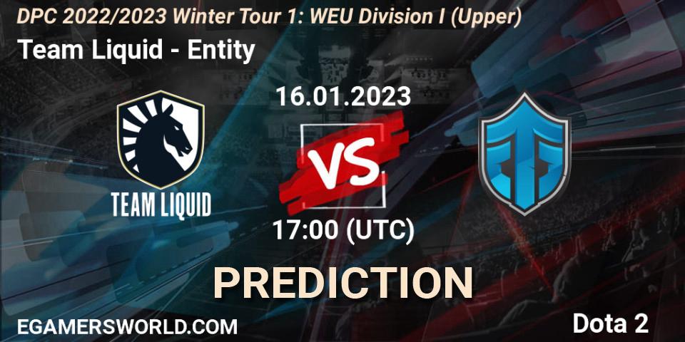 Team Liquid vs Entity: Match Prediction. 16.01.2023 at 16:55, Dota 2, DPC 2022/2023 Winter Tour 1: WEU Division I (Upper)