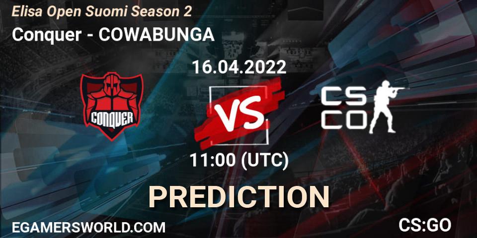 Conquer vs COWABUNGA: Match Prediction. 16.04.2022 at 11:00, Counter-Strike (CS2), Elisa Open Suomi Season 2