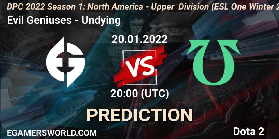 Evil Geniuses vs Undying: Match Prediction. 20.01.2022 at 20:22, Dota 2, DPC 2022 Season 1: North America - Upper Division (ESL One Winter 2021)