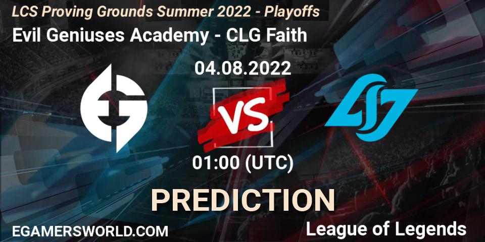Evil Geniuses Academy vs CLG Faith: Match Prediction. 04.08.22, LoL, LCS Proving Grounds Summer 2022 - Playoffs