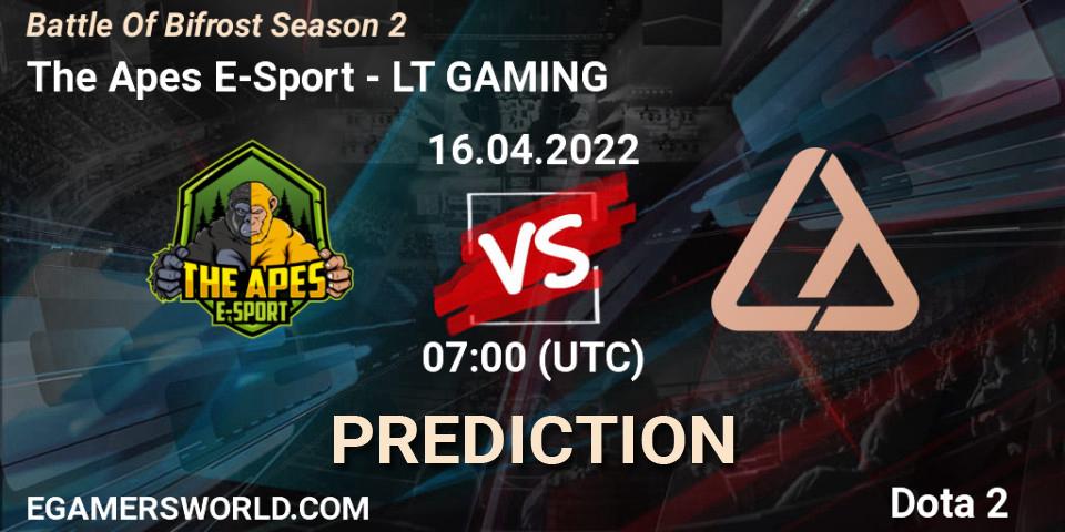 The Apes E-Sport vs LT GAMING: Match Prediction. 16.04.2022 at 09:00, Dota 2, Battle Of Bifrost Season 2