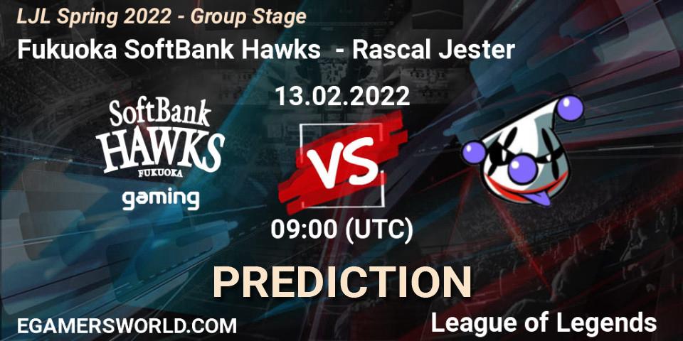 Fukuoka SoftBank Hawks vs Rascal Jester: Match Prediction. 13.02.2022 at 09:00, LoL, LJL Spring 2022 - Group Stage