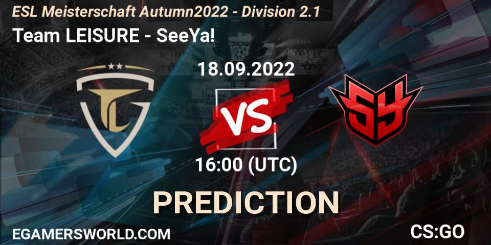 Team LEISURE vs SeeYa!: Match Prediction. 18.09.2022 at 16:00, Counter-Strike (CS2), ESL Meisterschaft Autumn 2022 - Division 2.1