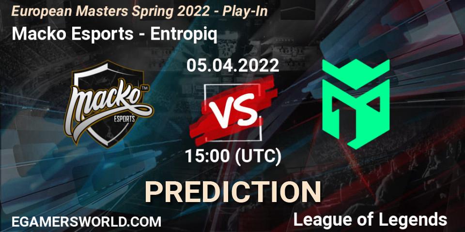 Macko Esports vs Entropiq: Match Prediction. 05.04.2022 at 15:00, LoL, European Masters Spring 2022 - Play-In