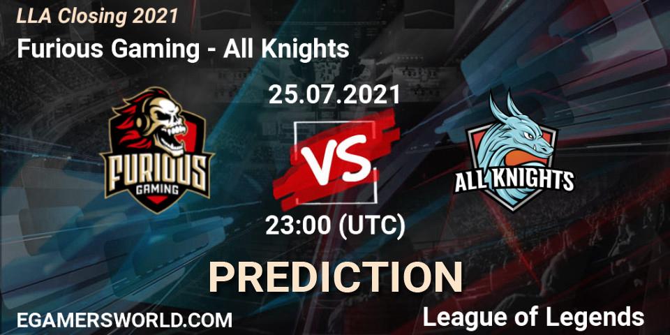 Furious Gaming vs All Knights: Match Prediction. 25.07.2021 at 23:00, LoL, LLA Closing 2021