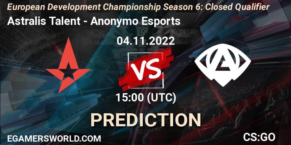 Astralis Talent vs Anonymo Esports: Match Prediction. 04.11.2022 at 15:00, Counter-Strike (CS2), European Development Championship Season 6: Closed Qualifier
