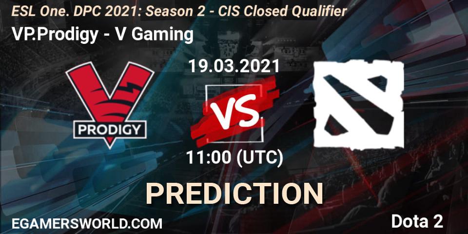 VP.Prodigy vs V Gaming: Match Prediction. 19.03.2021 at 11:00, Dota 2, ESL One. DPC 2021: Season 2 - CIS Closed Qualifier