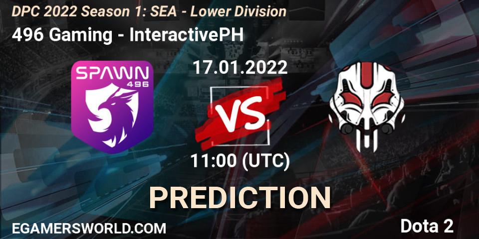 496 Gaming vs InteractivePH: Match Prediction. 17.01.2022 at 11:00, Dota 2, DPC 2022 Season 1: SEA - Lower Division