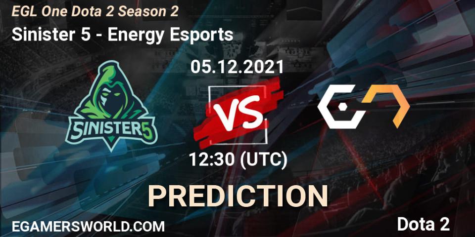 Sinister 5 vs Energy Esports: Match Prediction. 05.12.2021 at 12:35, Dota 2, EGL One Dota 2 Season 2