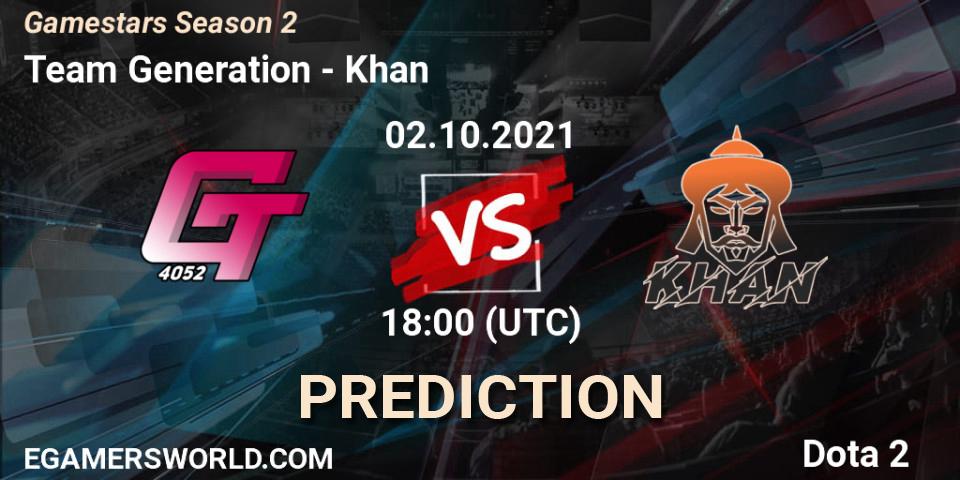Team Generation vs Khan: Match Prediction. 02.10.2021 at 14:57, Dota 2, Gamestars Season 2