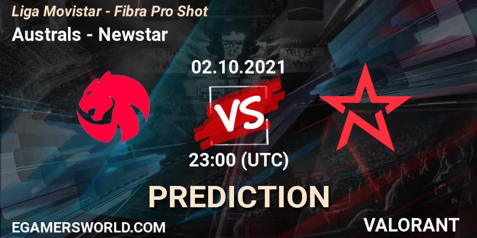 Australs vs Newstar: Match Prediction. 02.10.2021 at 21:00, VALORANT, Liga Movistar - Fibra Pro Shot