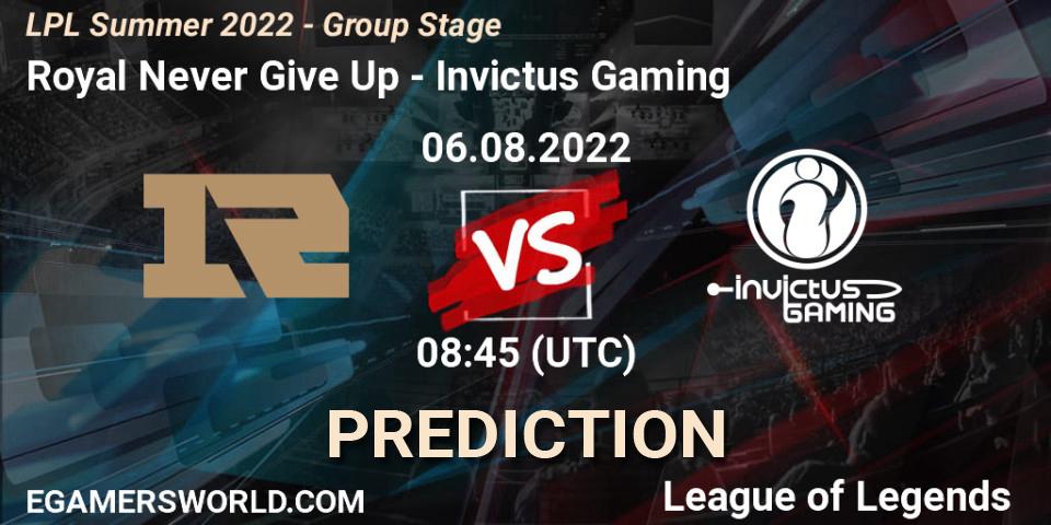 Royal Never Give Up vs Invictus Gaming: Match Prediction. 06.08.22, LoL, LPL Summer 2022 - Group Stage