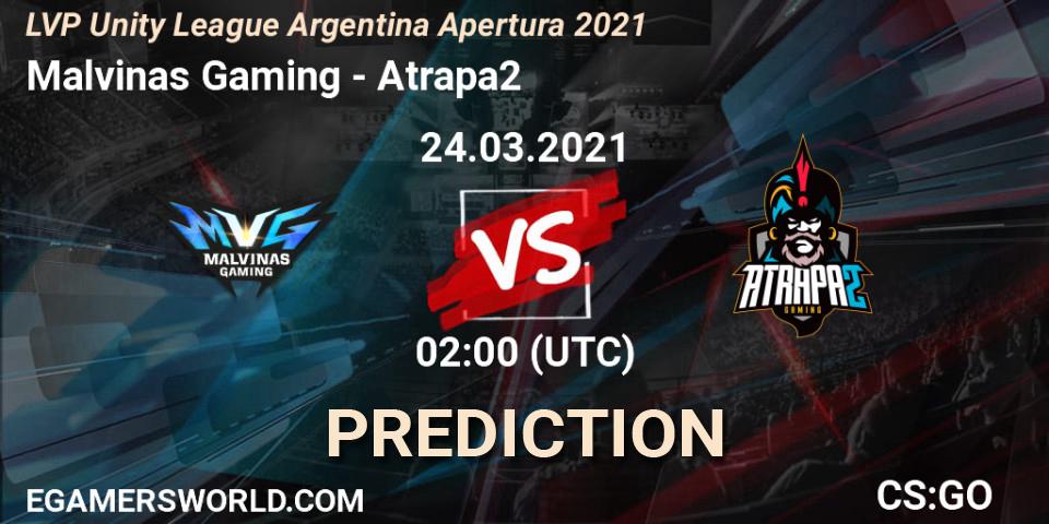 Malvinas Gaming vs Atrapa2: Match Prediction. 24.03.21, CS2 (CS:GO), LVP Unity League Argentina Apertura 2021