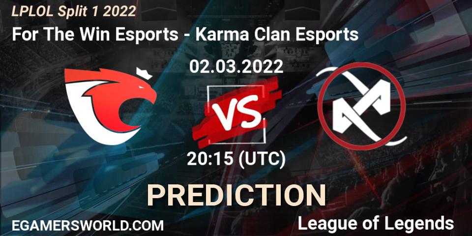 For The Win Esports vs Karma Clan Esports: Match Prediction. 02.03.2022 at 20:15, LoL, LPLOL Split 1 2022