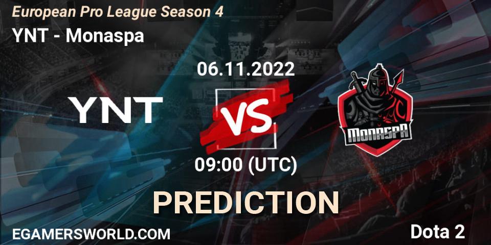 YNT vs Monaspa: Match Prediction. 08.11.2022 at 10:03, Dota 2, European Pro League Season 4
