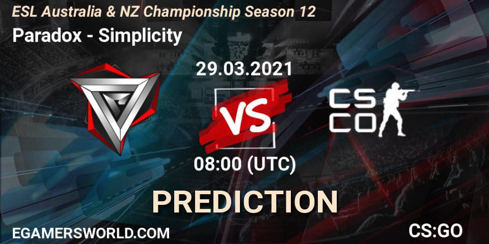 Paradox vs Simplicity: Match Prediction. 29.03.2021 at 08:40, Counter-Strike (CS2), ESL Australia & NZ Championship Season 12