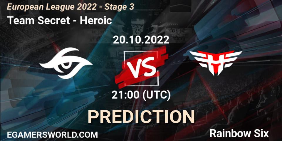 Team Secret vs Heroic: Match Prediction. 20.10.2022 at 21:00, Rainbow Six, European League 2022 - Stage 3