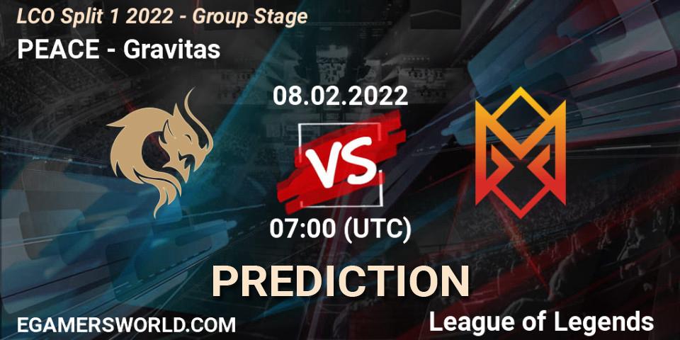 PEACE vs Gravitas: Match Prediction. 08.02.2022 at 07:00, LoL, LCO Split 1 2022 - Group Stage 