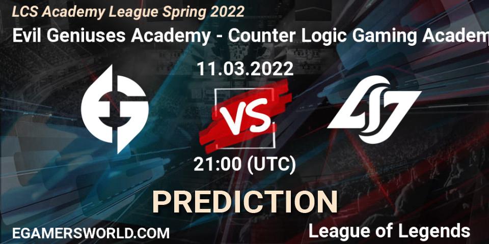 Evil Geniuses Academy vs Counter Logic Gaming Academy: Match Prediction. 11.03.22, LoL, LCS Academy League Spring 2022