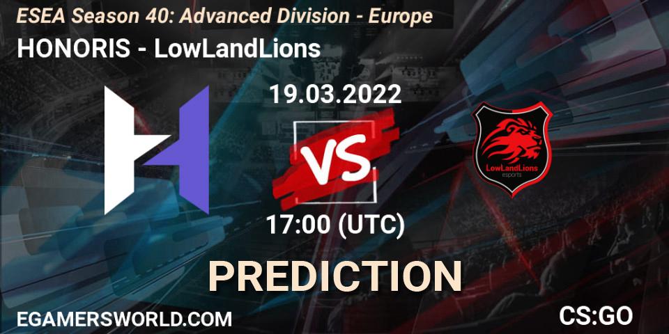 HONORIS vs LowLandLions: Match Prediction. 19.03.2022 at 17:00, Counter-Strike (CS2), ESEA Season 40: Advanced Division - Europe