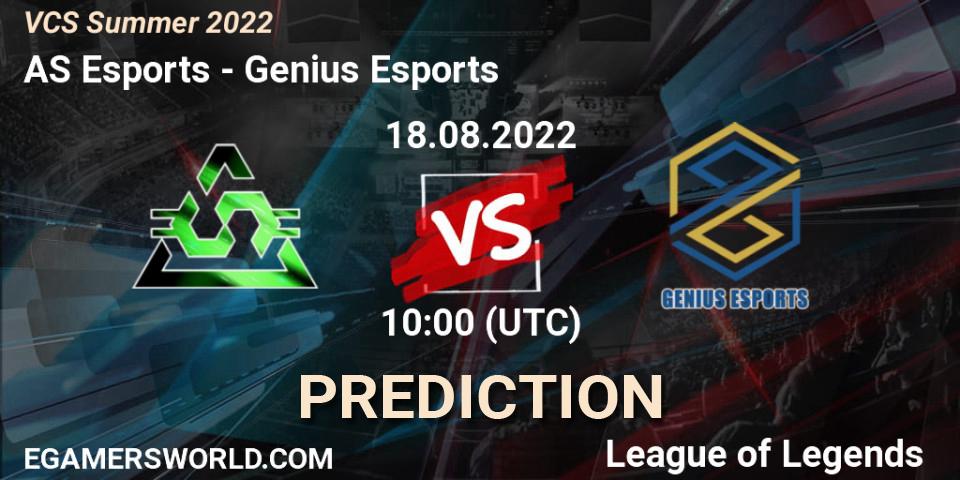 AS Esports vs Genius Esports: Match Prediction. 18.08.2022 at 10:00, LoL, VCS Summer 2022