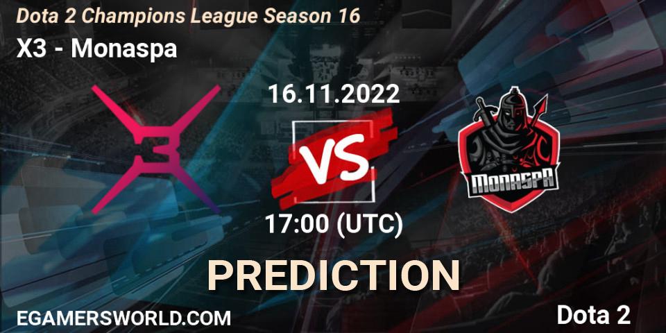X3 vs Monaspa: Match Prediction. 16.11.2022 at 17:23, Dota 2, Dota 2 Champions League Season 16